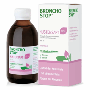 Broncho Stop Hustensaft in brauner Flasche mit dazugehöriger Verpackung, enthält pflanzliche Wirkstoffe ohne Alkohol.