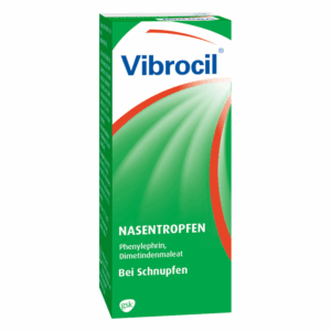 Verpackung von Vibrocil Nasentropfen, grün mit weißen und roten Akzenten, zur Linderung von Schnupfen.