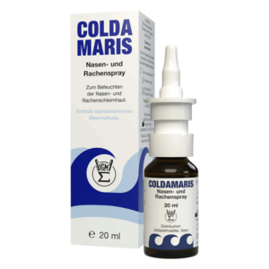 Flasche mit Nasen- und Rachenspray COLDA MARIS in einer Verpackung, die Meerwasser-Lösung enthält.
