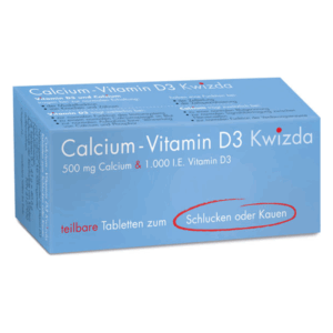 Verpackung für Calcium-Vitamin D3 Kwizda, blaue Schachtel mit 500 mg Calcium und 1.000 I.E. Vitamin D3.