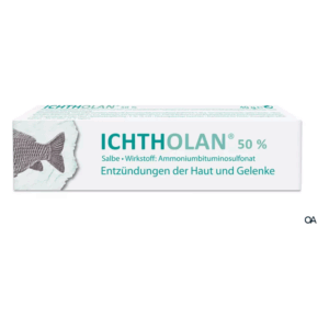 Verpackung der Ichtholan Salbe (50%) mit Informationen zu Inhaltsstoffen und Anwendung gegen Hautentzündungen.