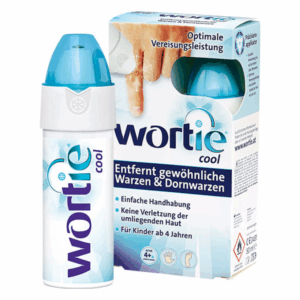 Wortie Cool, ein Spray zur Entfernung von Warzen, mit blauer Kappe und informativem Kartonverpackung.