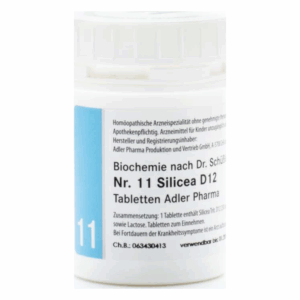 Weiße Flasche mit blauer Beschriftung für homöopathische Tabletten Nr. 11 Silicea D12 von Adler Pharma.