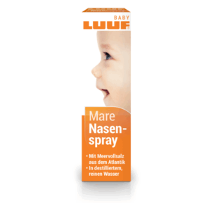 Verpackung von LUUF Mare Nasenspray für Babys, mit einem lächelnden Babyprofil und orangefarbener Schrift.