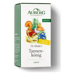 Packung des Sirups "Tannen-könig" von Dr. Klade mit einer illustrativen Figur eines königlichen Eichhörnchens.
