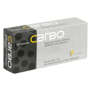 Packung mit 30 Carbo-Tabletten zur Behandlung von Durchfall und Blähungen, Hersteller Sanova.