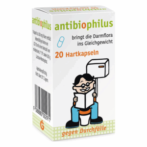 Verpackung von AntibioPhilus, einem Produkt zur Unterstützung der Darmflora mit 20 Hartkapseln, humorvolles Design.