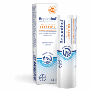 Pflegender Bepanthol Lippenstift in einer weißen Verpackung mit LSF 50, schützt und spendet Feuchtigkeit.