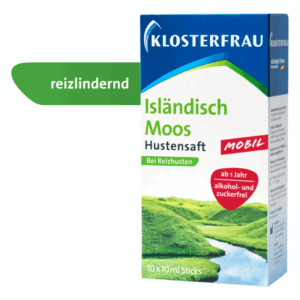 Eine Packung Klosterfrau Isländisch Moos Hustensaft, reizlindernd, für Erwachsene und Kinder ab 1 Jahr, alkohol- und zuckerfrei.