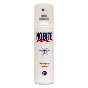 Weißer Flakon mit Sprühkopf, beschriftet mit 'NOBITE Hautspray', enthält 50% DEET zur Insektenabwehr.