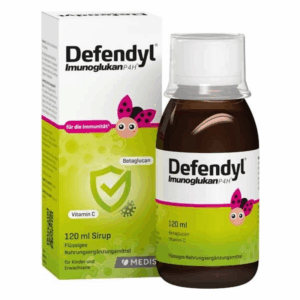Flasche mit Defendyl Immunoglukansirup, 120 ml, umgeben von einer bunten Verpackung für Kinder und Erwachsene.