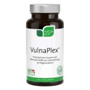VulnaPlex Flasche mit proteolytischen Enzymen und Mikronährstoffen zur Regenerationsunterstützung, braune Verpackung.