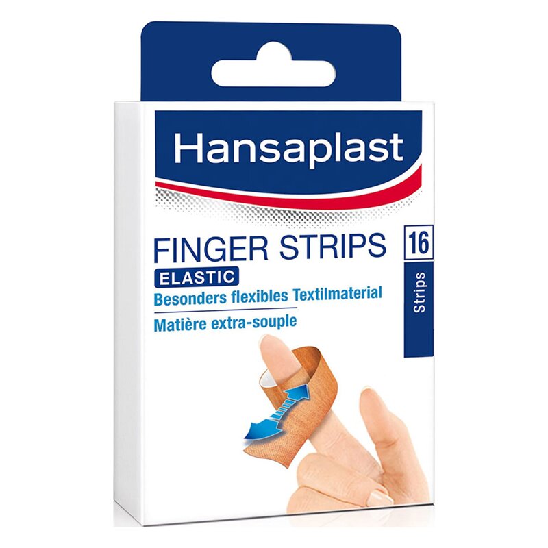 Verpackung von elastischen Fingerpflastern in einem Karton mit abgebildetem Finger und Pflaster