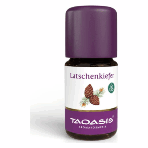 Flasche mit ätherischem Öl von Latschenkiefer, braun mit lila Kappe und bio-Zeichen auf dem Etikett.