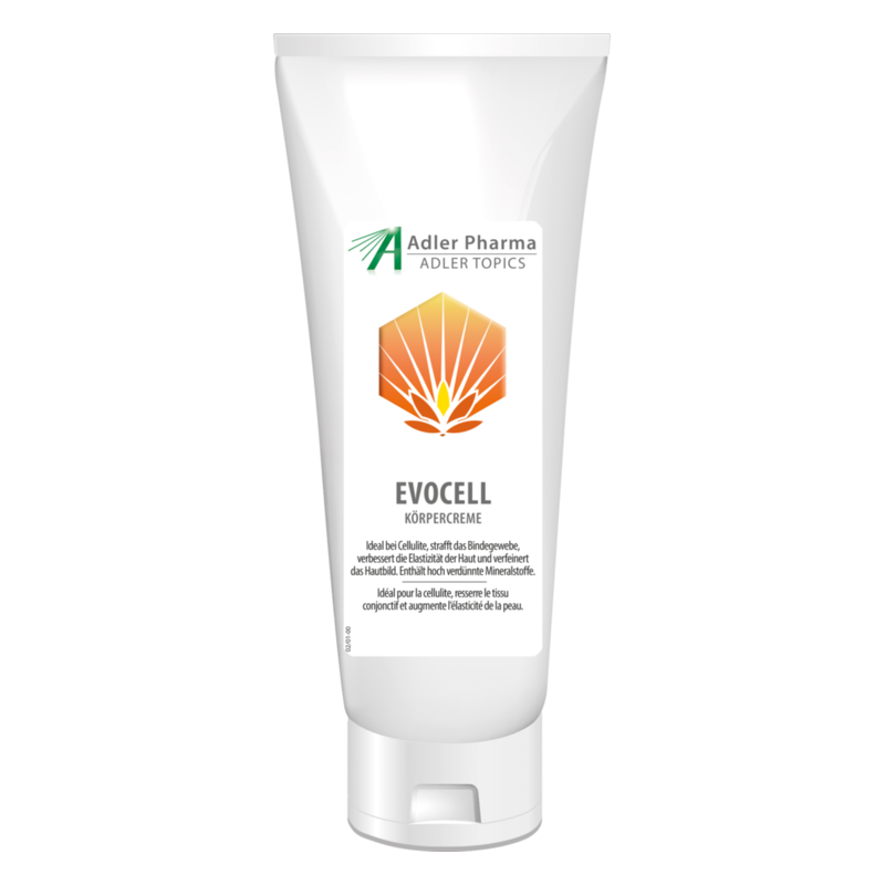 Tube mit Evocell Körpercreme von Adler Pharma, dient der Hautstraffung und Verbesserung der Elastizität.