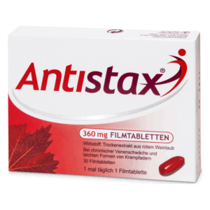 Verpackung von Antistax, 360 mg Filmtabletten, zur Unterstützung bei venöser Schwäche, mit rotem Weinlaub-Extrakt.
