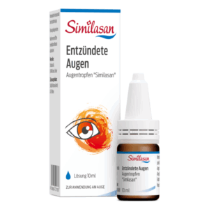 Augentropfen für entzündete Augen in einer 10 ml Flasche samt Umverpackung, die das Produkt und dessen Anwendung beschreibt.