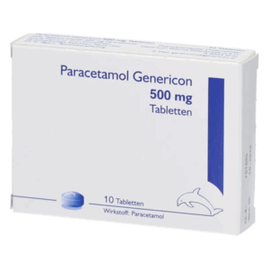 Packung mit Paracetamol-Genericon, enthält 500 mg Tabletten, blau-weiße Farbe, Abbildung eines Delfins.