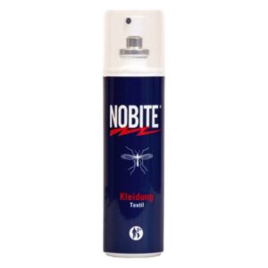 Sprayflasche von NOBITE mit Textil-Mückenschutz, blauer Verpackung und Sprühkopf.