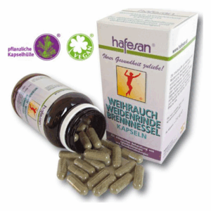 Braune Flasche mit Kapseln, daneben eine Verpackung für Weihrauch, Weidenrinde und Brennnessel, vegan.