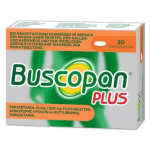 Verpackung von Buscopan Plus mit 20 Filmtabletten gegen krampfhafte Bauchschmerzen und enthaltenen Wirkstoffen.