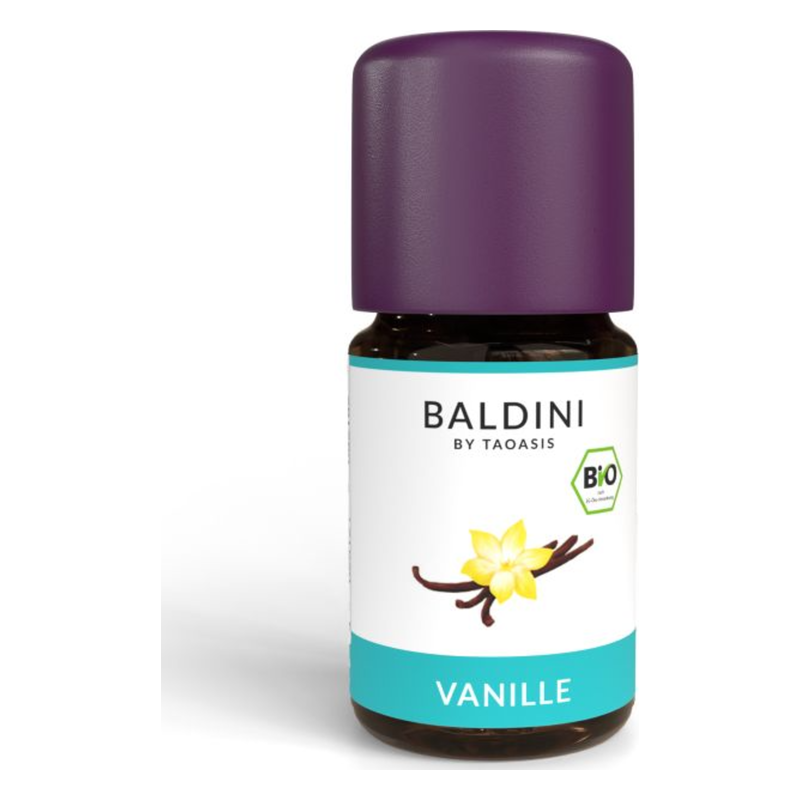 Brauner Glastiegel mit lila Deckel, etikettiert mit 'Baldini Vanille' und Bio-Siegel.