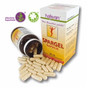 Weißlich-beige Spargelkapseln in einer geöffneten braunen Flasche und einer Verpackung mit Label.