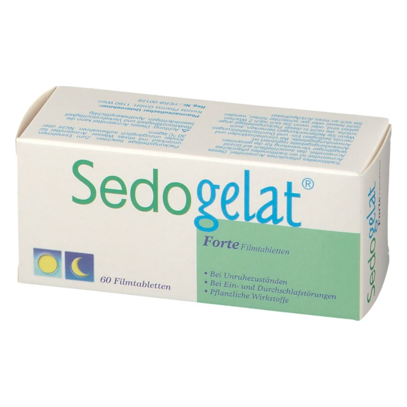 Packung von Sedogelat Forte mit 60 Filmtabletten, angegeben sind Anwendungsgebiete und pflanzliche Wirkstoffe.