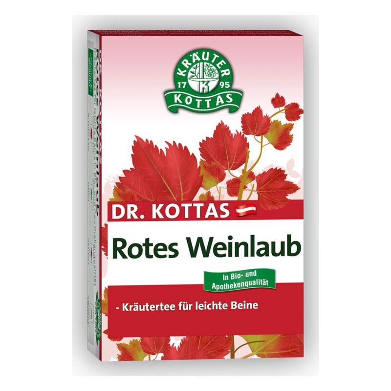 Verpackung von Dr. Kottas Rotes Weinlaub Kräutertee mit roten Blättern und Informationen zur Qualität.