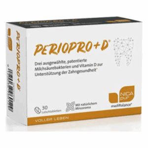 Verpackung von PerioPro+D mit Lutschtabletten zur Unterstützung der Zahngesundheit, enthält Milchsäurebakterien und Vitamin D.
