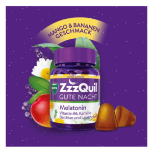 Lila Flasche ZzzQuil Gute Nacht mit Mango- und Bananengeschmack, Melatonin und Kräuterzutaten auf buntem Hintergrund.