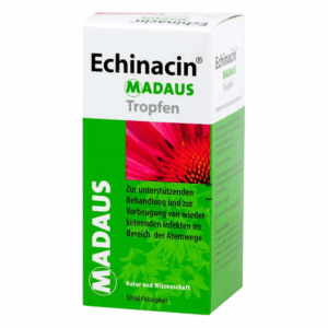 Packung von Echinacin Madaus Tropfen mit grüner und weißer Gestaltung für Atemwegserkrankungen.