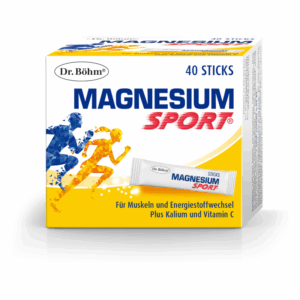 Verpackung von Dr. Böhm Magnesium Sport in einer gelben Box mit 40 Sticks, abgebildet mit sportlichen Figuren.