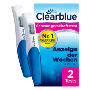 Zwei Clearblue Schwangerschaftstests in einer Packung, mit Angaben zur Wochenanzeige und einer Empfehlung von Gynäkologen.