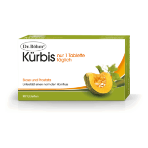 Verpackung von Dr. Böhm Kürbis Tabletten für Blase und Prostata, mit abgebildetem Kürbisstück.