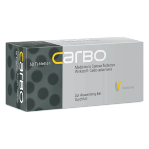 Packung mit 50 Sanova Tabletten zur Behandlung von Durchfall, mit schwarzer und grauer Gestaltung, Wirkstoff Carbo adsorbens.