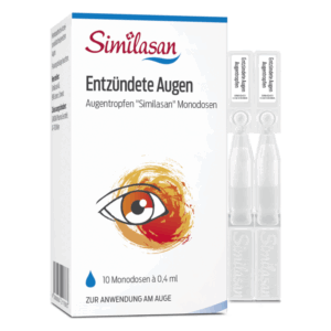 Verpackung von Similasan Augentropfen für entzündete Augen mit Monodosen und Augenillustration.