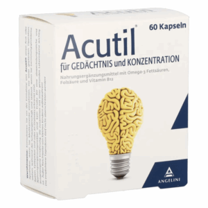 Verpackung von Acutil Kapseln mit einem Glühbirnen-Design, das das Gehirn darstellt, für Gedächtnis und Konzentration.