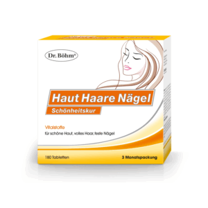 Verpackung von Dr. Böhm Haut Haare Nägel, enthält 180 Tabletten für Haut, Haar und Nägel, mit einem weiblichen Gesichtssymbol.