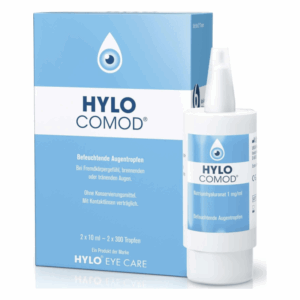Verpackung von HYLO COMOD, befeuchtenden Augentropfen, mit auffälligem, blauem Design und Dosierspender.