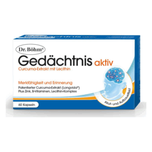 Packung mit 60 Kapseln von Dr. Böhm, angezeigt mit Informationen zu Gedächtnis und Konzentration.
