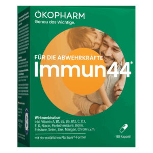 Verpackung von Immun44 zur Stärkung der Abwehrkräfte mit einer Wirkstoffkombination aus Vitaminen und Mineralstoffen.