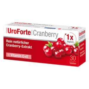 Verpackung des UroForte Cranberry mit 30 Tabletten, enthält reines Cranberry-Extrakt und Vitamine C und E.