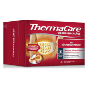 Verpackung von ThermaCare Wärmepflastern für Rückenbeschwerden mit Hinweis auf 8 Stunden Wärme und schmerzlindernde Wirkung.