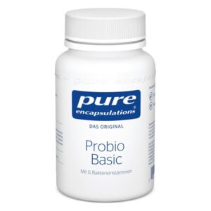 Weißes Kunststoffgefäß mit Schraubverschluss, beschriftet mit "Probio Basic", enthält Probiotika mit 6 Bakterienstämmen.
