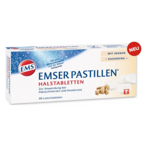 Verpackung von EMSER Pastillen Halstabletten, enthalten Ingwer, zuckerfrei, für Halsschmerzen und Hustenreiz.