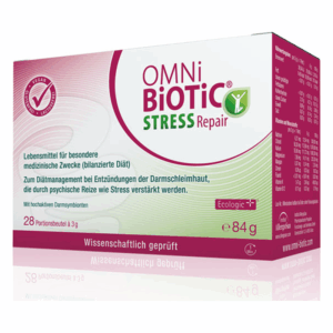 Verpackung des Medikaments OMNi BiOTiC Stress Repair für die Diät bei entzündeten Darmschleimhäuten; 28 portionierte Beutel.