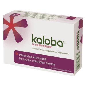 Packung mit kaloba Filmtabletten, 20 mg, aus Pelargoniumwurzel, zur Behandlung bronchialer Infekte.