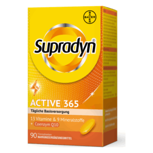 Packung Supradyn ACTIVE 365 mit Vitaminen, Mineralstoffen und Coenzym Q10 in gelber und orangefarbener Gestaltung.