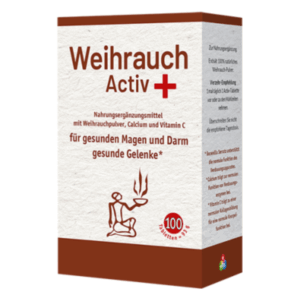 Verpackung eines Nahrungsergänzungsmittels mit Weihrauch, Calcium und Vitamin C für gesunde Gelenke und Magen-Darm-Funktion.